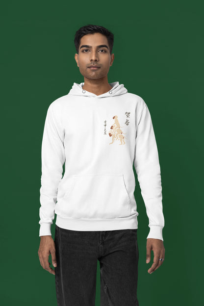 Third front view of a male model wearing a white hoodie with a design of the three wise monkeys: "See no evil, hear no evil, speak no evil."