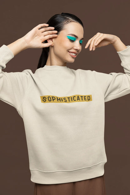 First front view of a female model wearing a cream sweatshirt with a sophisticated brutalist design featuring a Greek god statue.