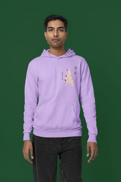Fourth front view of a male model wearing a lavender hoodie with a design of the three wise monkeys: "See no evil, hear no evil, speak no evil."