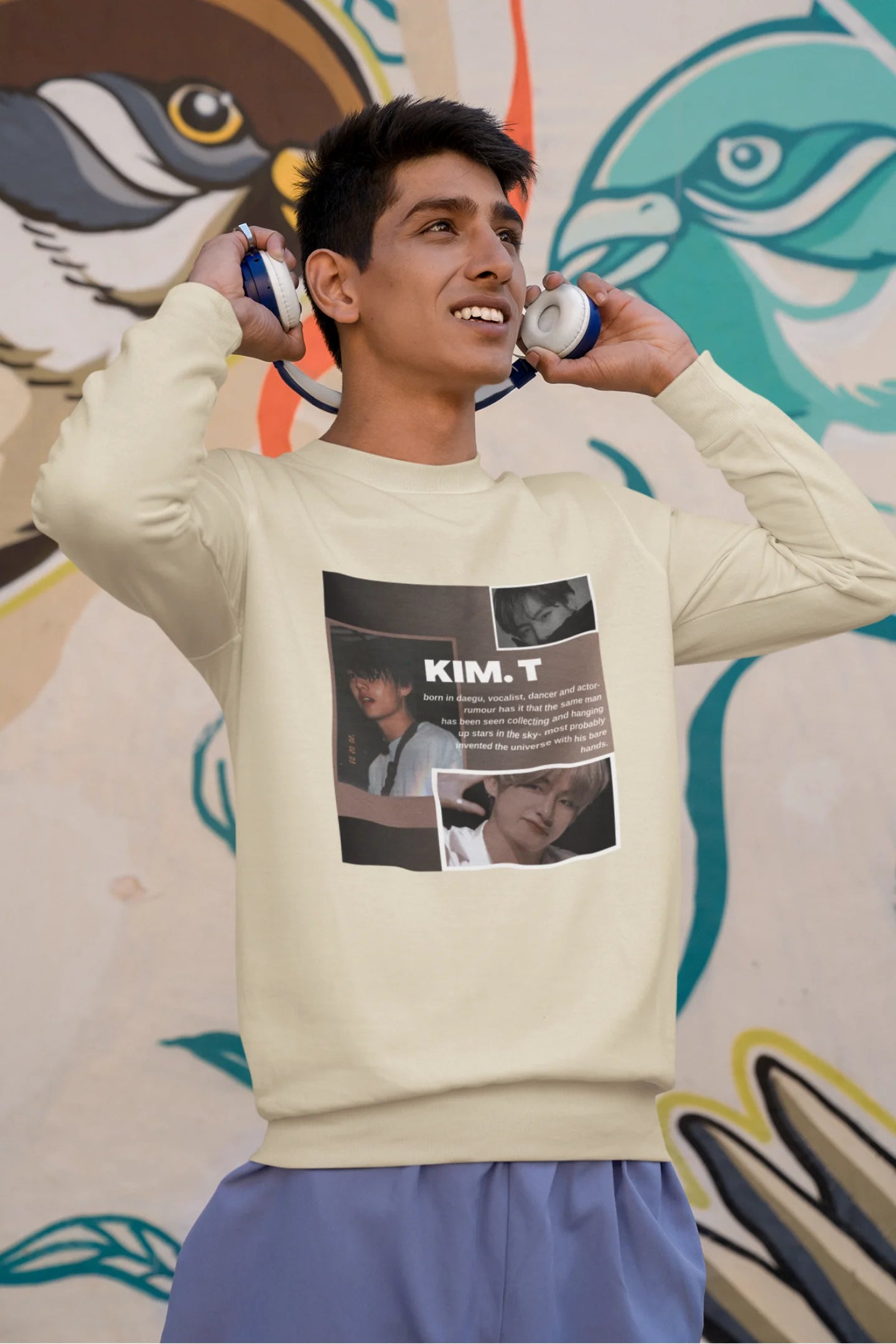 Second front view of male model wearing a cream sweatshirt featuring a bold design inspired by BTS member Kim Taehyung (V). Ideal for BTS fans (ARMY) and K-Pop enthusiasts.