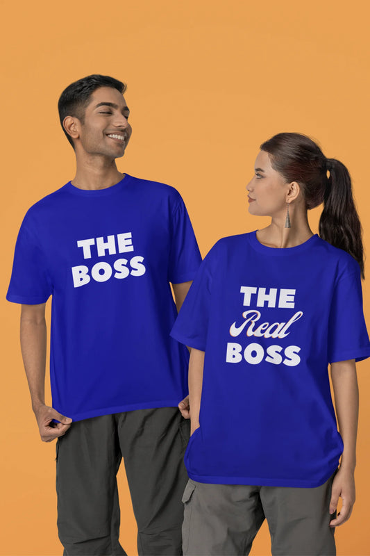 Second image of a smiling couple wearing matching royal blue oversized tees, one with "The Boss" and the other with "The Real Boss" printed on them.