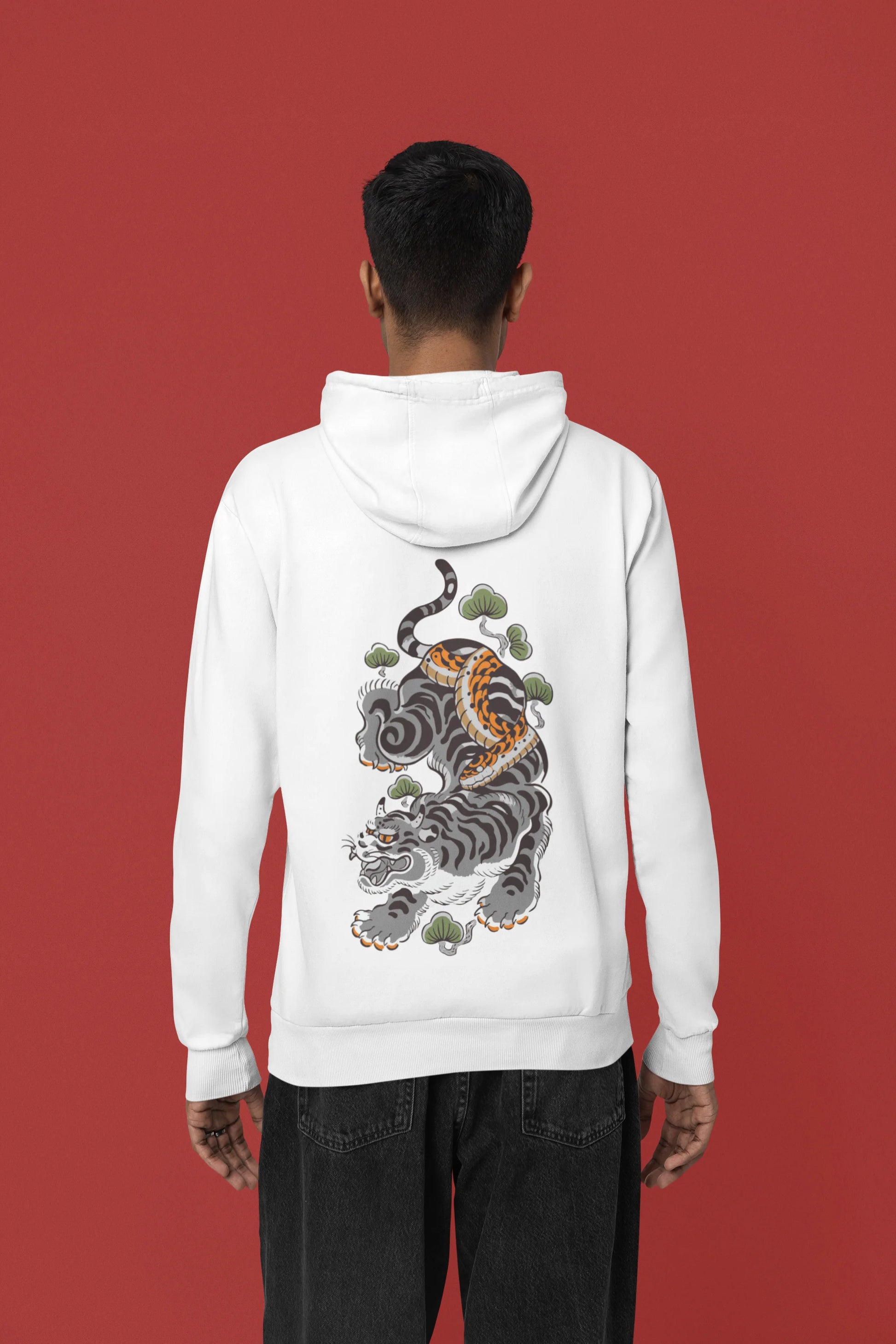 Back view of a male model wearing a white hoodie with a Japanese art style tiger design.