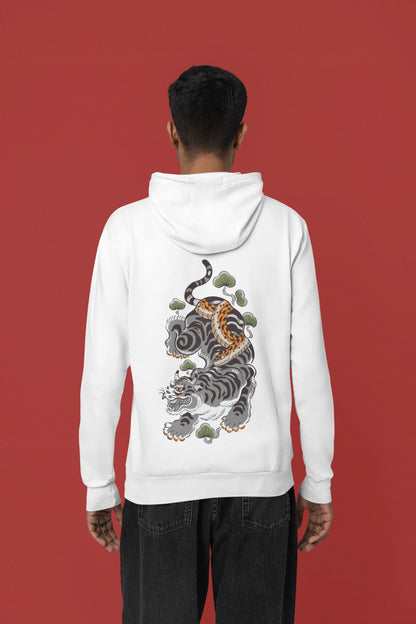 Back view of a male model wearing a white hoodie with a Japanese art style tiger design.