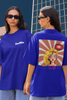 Front and Back combo image of model showcasing Taylor Swift-inspired Oh Oh design blue oversized t-shirt from Swiftie Collection