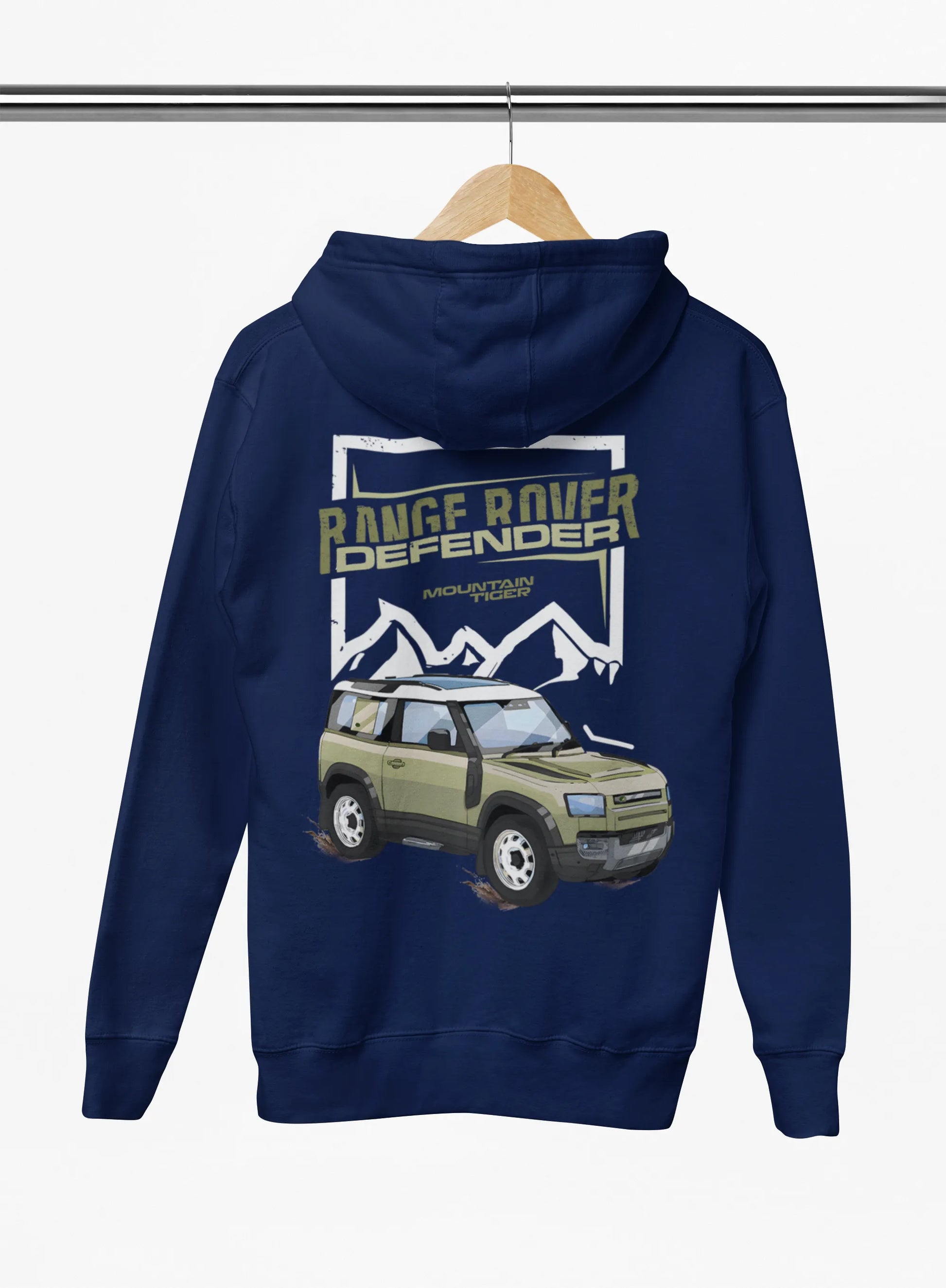 Back view of a navy blue hoodie featuring a Range Rover Defender design, exuding power and ruggedness.