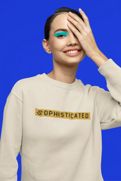 Third front view of a female model wearing a cream sweatshirt with a sophisticated brutalist design featuring a Greek god statue.
