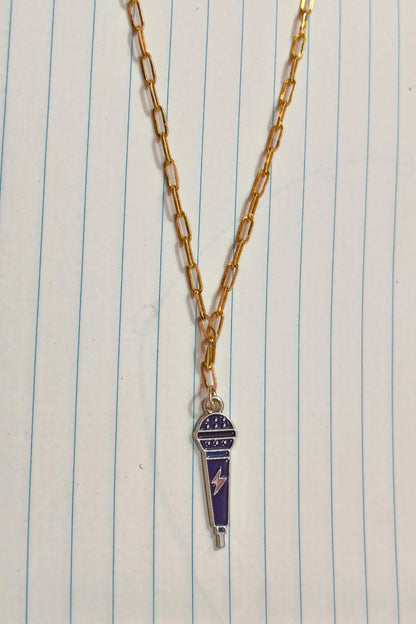 2nd view of a gold chain necklace with a small pendant shaped like a K-Pop microphone.
