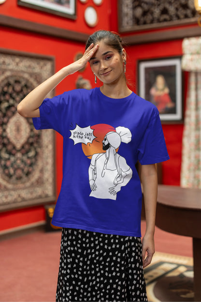 First image of a female model wearing a royal blue oversized tshirt with a A portrait of Diljit Dosanjh wearing a stylish outfit, with the text "Diplo Jatt Kithe Aai" prominently displayed in the background. The design captures the artist's charisma and the energy of the hit song, making it a must-have for fans of Diljit Dosanjh and Diplo alike. 
