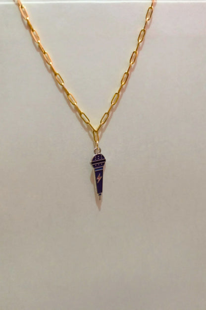 4th view of a gold chain necklace with a small pendant shaped like a K-Pop microphone.