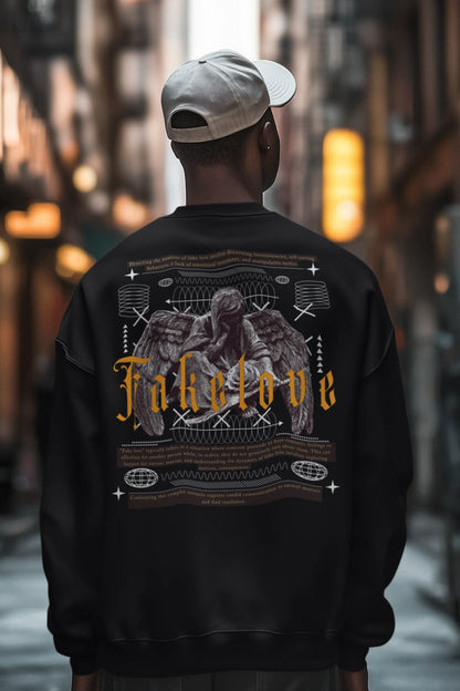 Second back view of a male model wearing a black sweatshirt with a brutalist design featuring a fallen angel statue and the phrase "Fake Love".