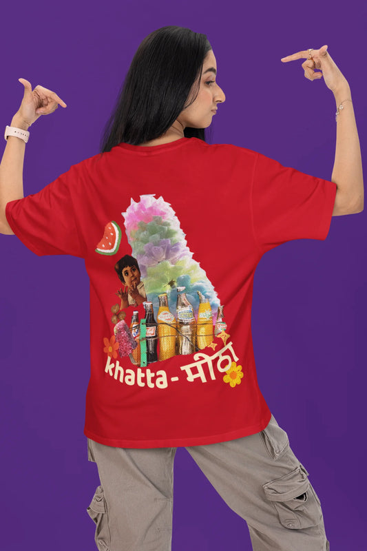 Back view of a female model wearing a red oversized t-shirt with a design representing "Bachpan" (childhood) and the concept of "Khatta Mitha" (sweet and sour).