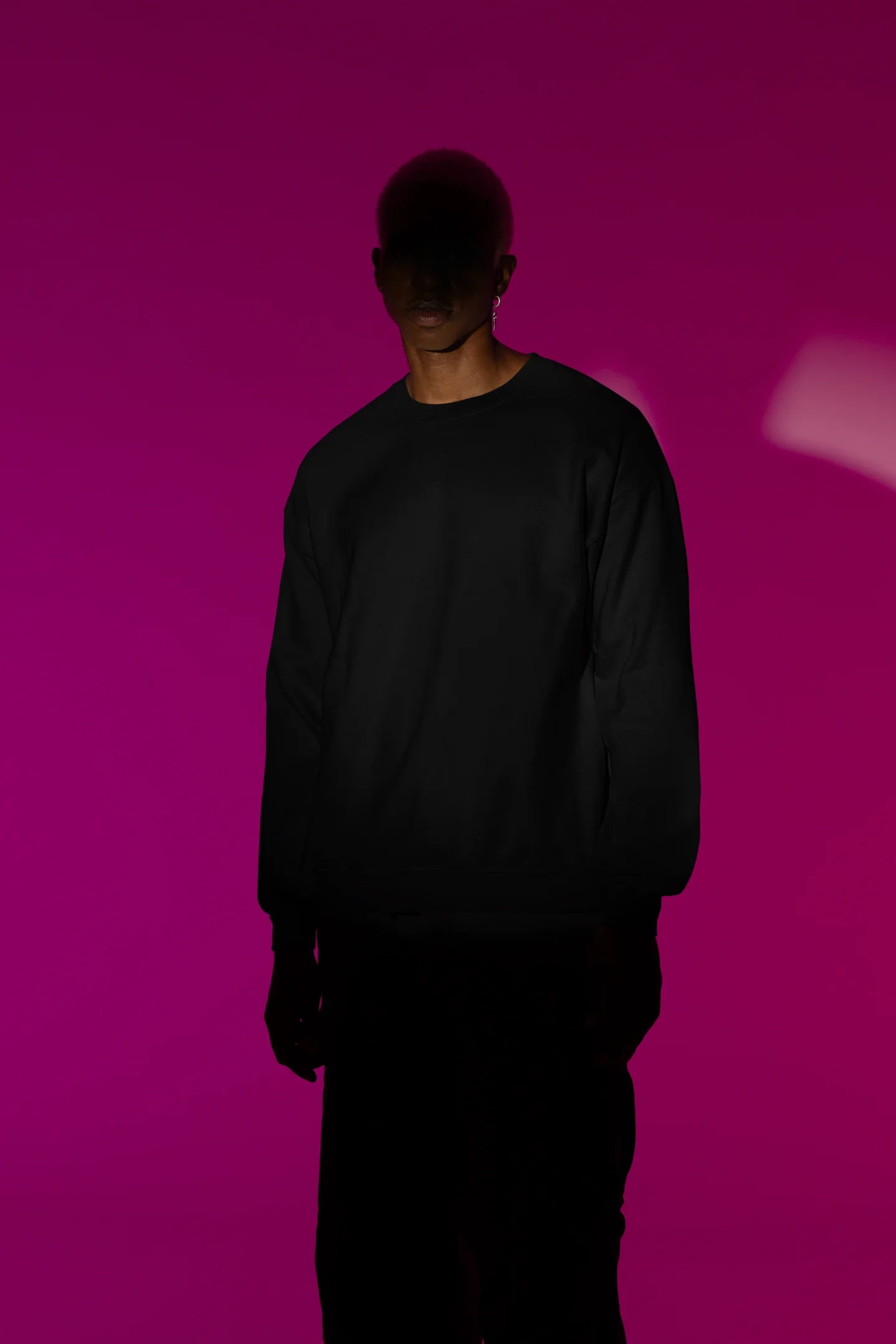 Second front view of a male model wearing a black sweatshirt with a heron taking off under the moonlight.