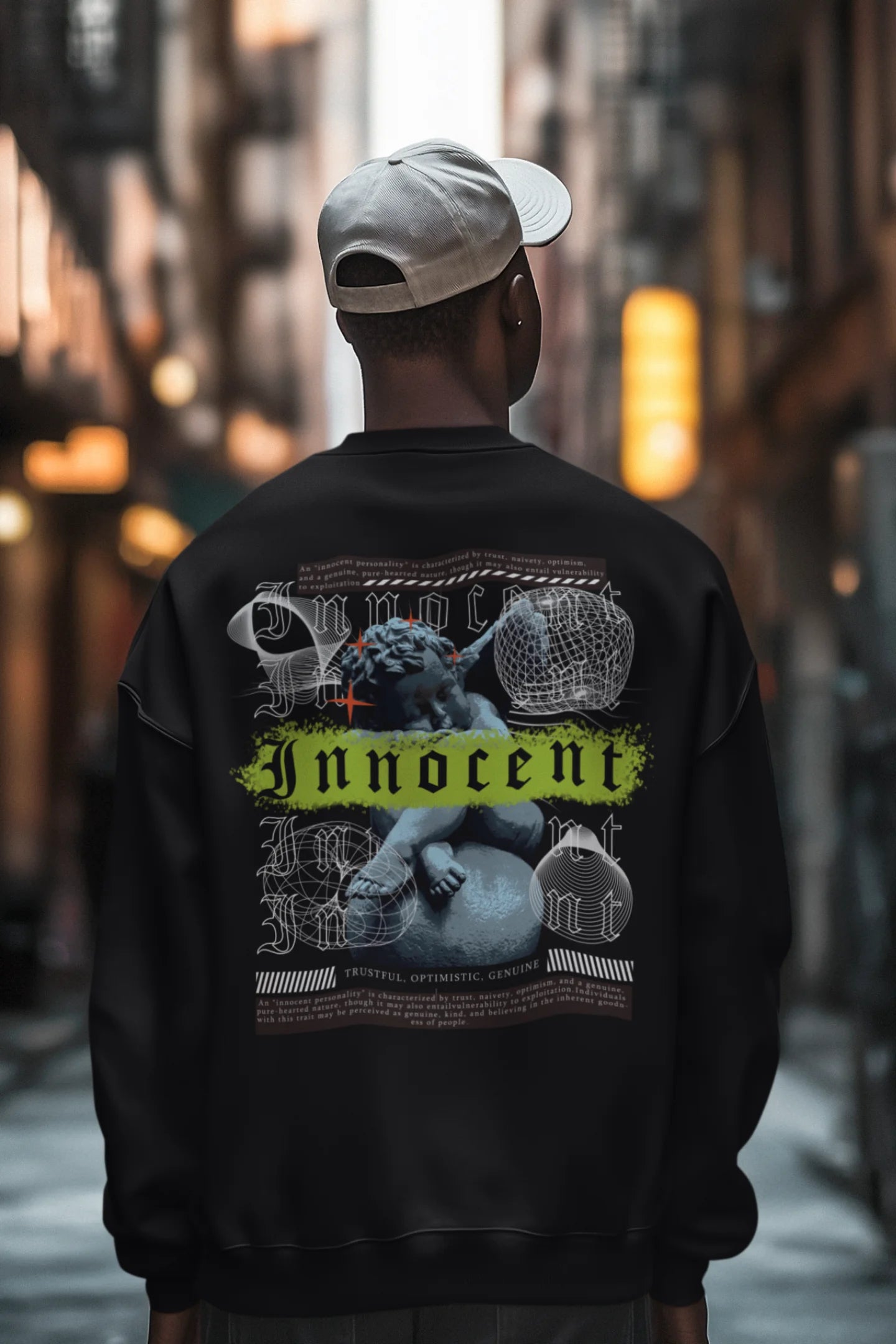 First back view of a male model wearing a black sweatshirt with a contrasting design of a cupid statue and brutalist elements.
