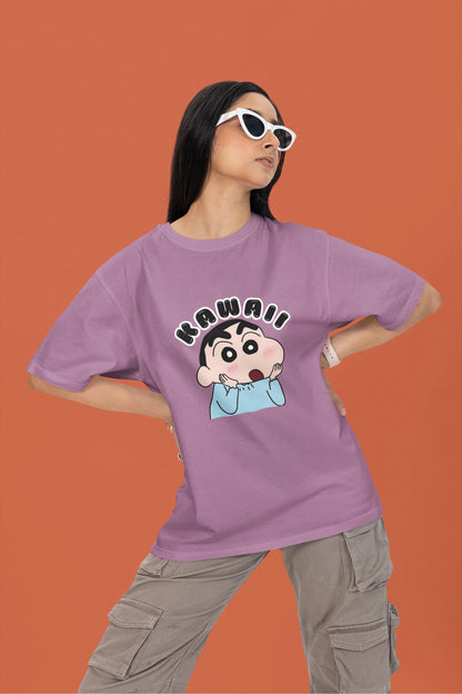 First front view of a female model wearin a dirty purple oversized t-shirt featuring Shinchan looking amazed and saying "Kawaii."