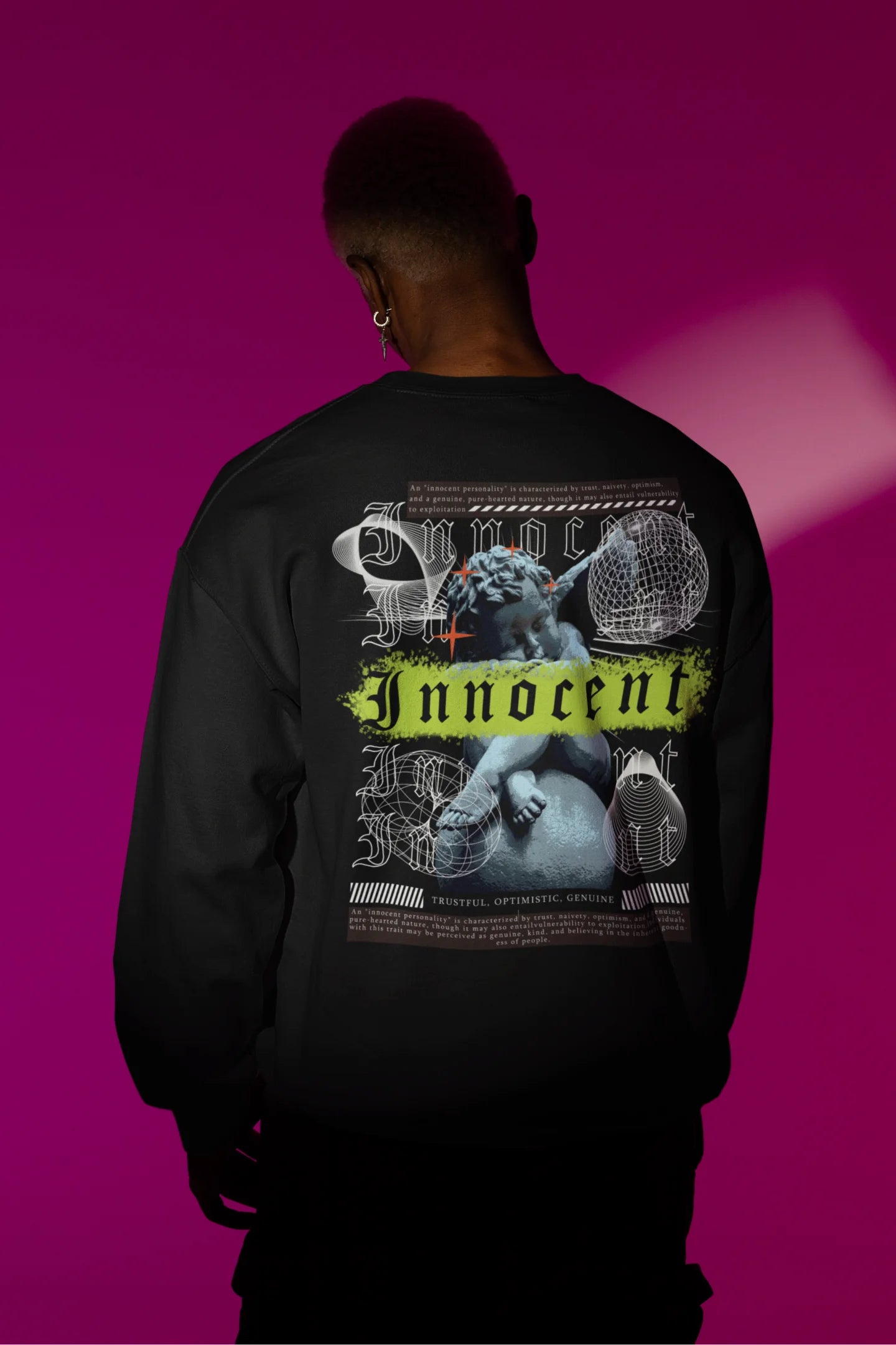 Second back view of a male model wearing a black sweatshirt with a contrasting design of a cupid statue and brutalist elements.