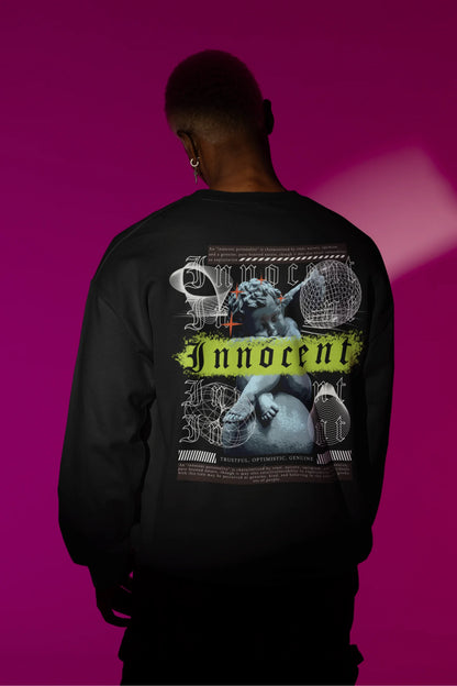 Second back view of a male model wearing a black sweatshirt with a contrasting design of a cupid statue and brutalist elements.