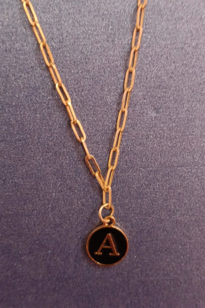 Fourth image of an anti tarnish gold chain necklace featuring personalized initials.