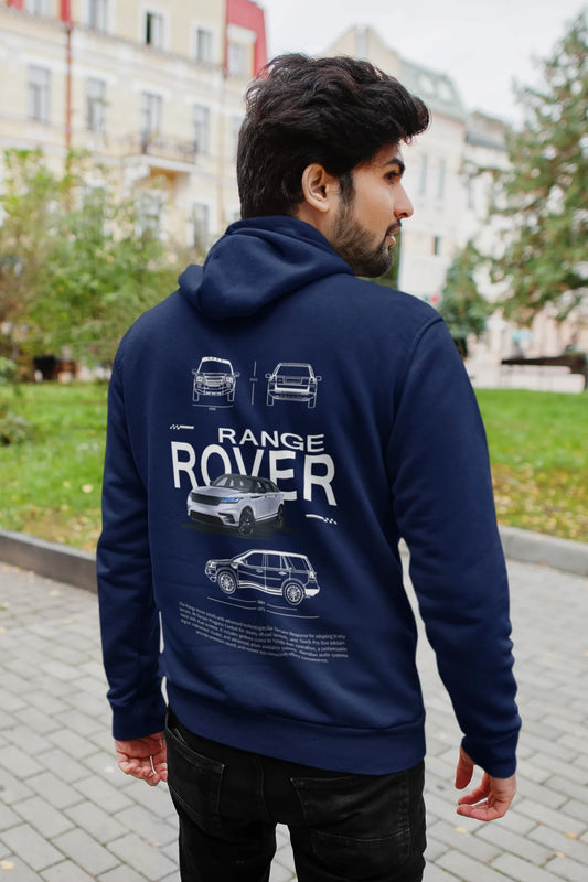 Back view of a male model wearing a navy blue hoodie featuring a Range Rover design, exuding power and ruggedness.
