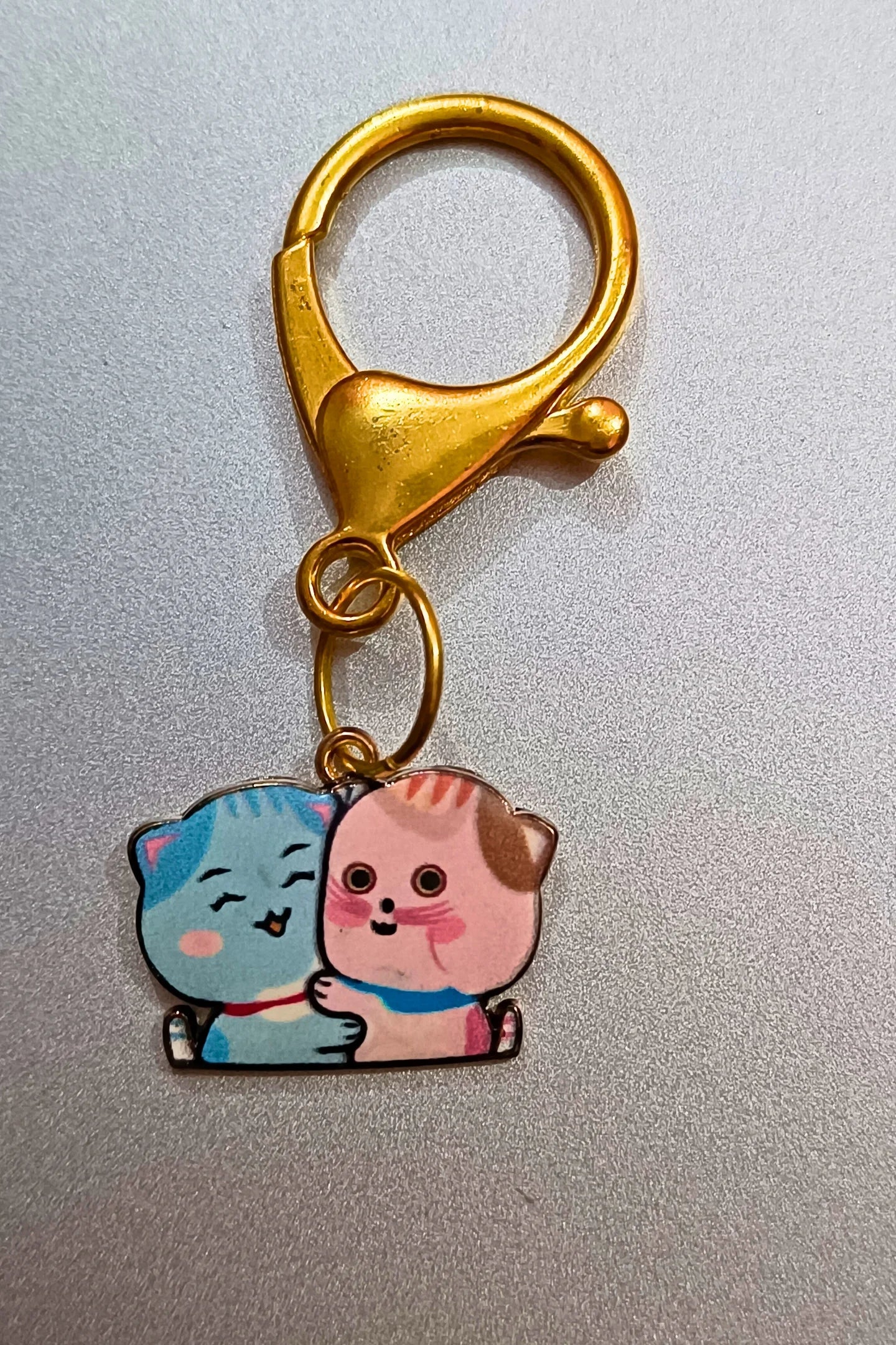 A view of a couples keychain featuring two separate charms depicting cats hugging each other. The cats' colors may vary, including combinations of pink and blue.