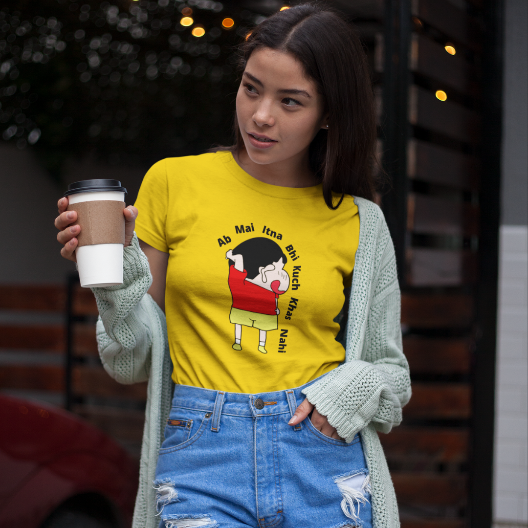 Front view of female model wearing an yellow t-shirt featuring a funny Shinchan design inspired by the popular Crayon Shinchan anime. Ideal for fans of the show and anyone who loves a good laugh. 