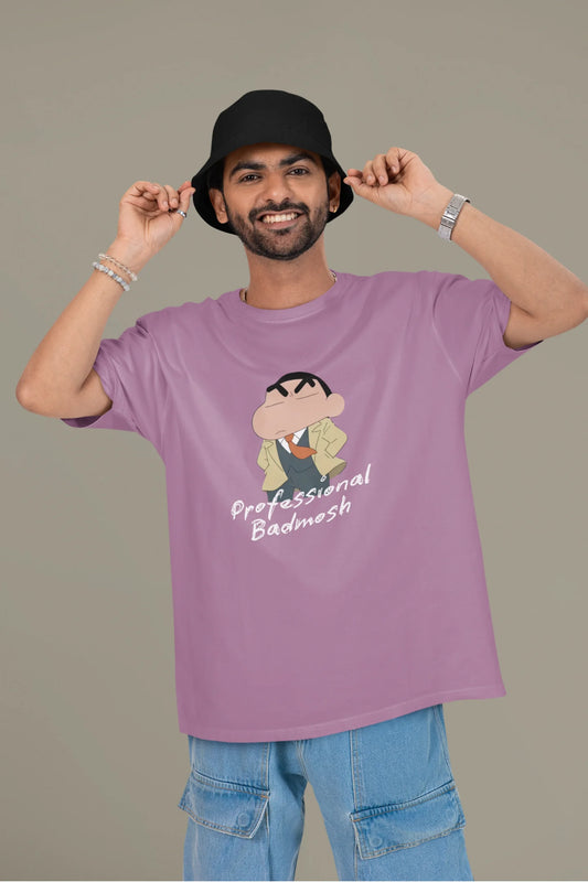 First front view of a male model wearing a dirty purple oversized t-shirt featuring Shinchan wearing a suit and trench coat with text saying "Professional Badmosh".