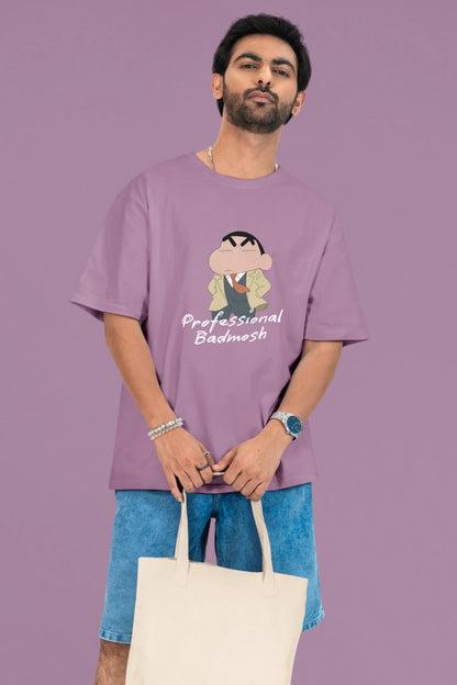 2nd front view of a male model wearing a dirty purple oversized t-shirt featuring Shinchan wearing a suit and trench coat with text saying "Professional Badmosh".