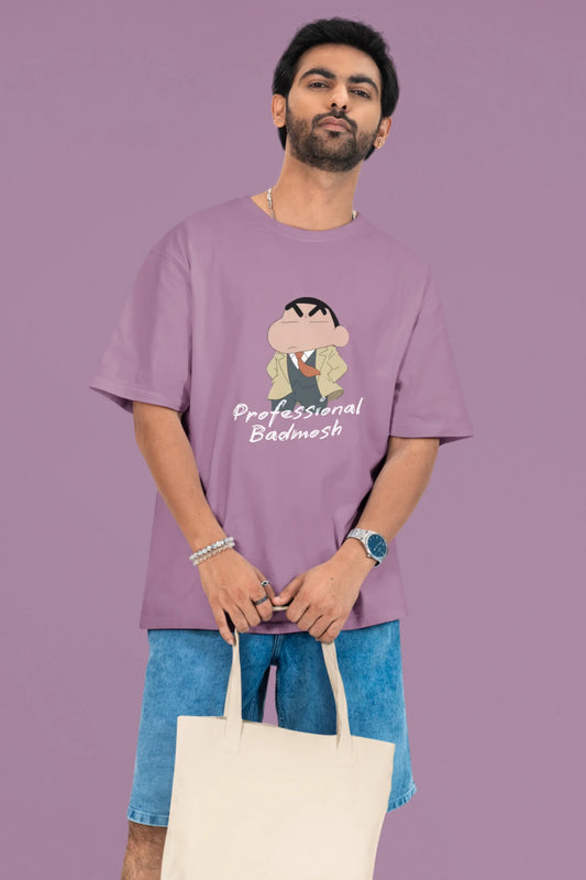 2nd front view of a male model wearing a dirty purple oversized t-shirt featuring Shinchan wearing a suit and trench coat with text saying "Professional Badmosh".