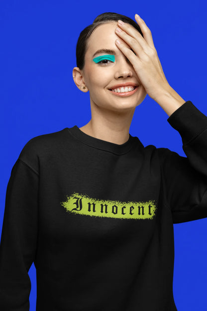 Fifth front view of a female model wearing a black sweatshirt with a contrasting design of a cupid statue and brutalist elements.