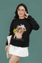4th front view of female model wearing a black sweatshirt with a positive message 