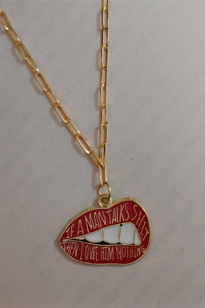 Third image of an anti tarnish gold chain necklace featuring the Taylor Swift phrase "You Owe Him Nothing." Perfect for all Swifties.