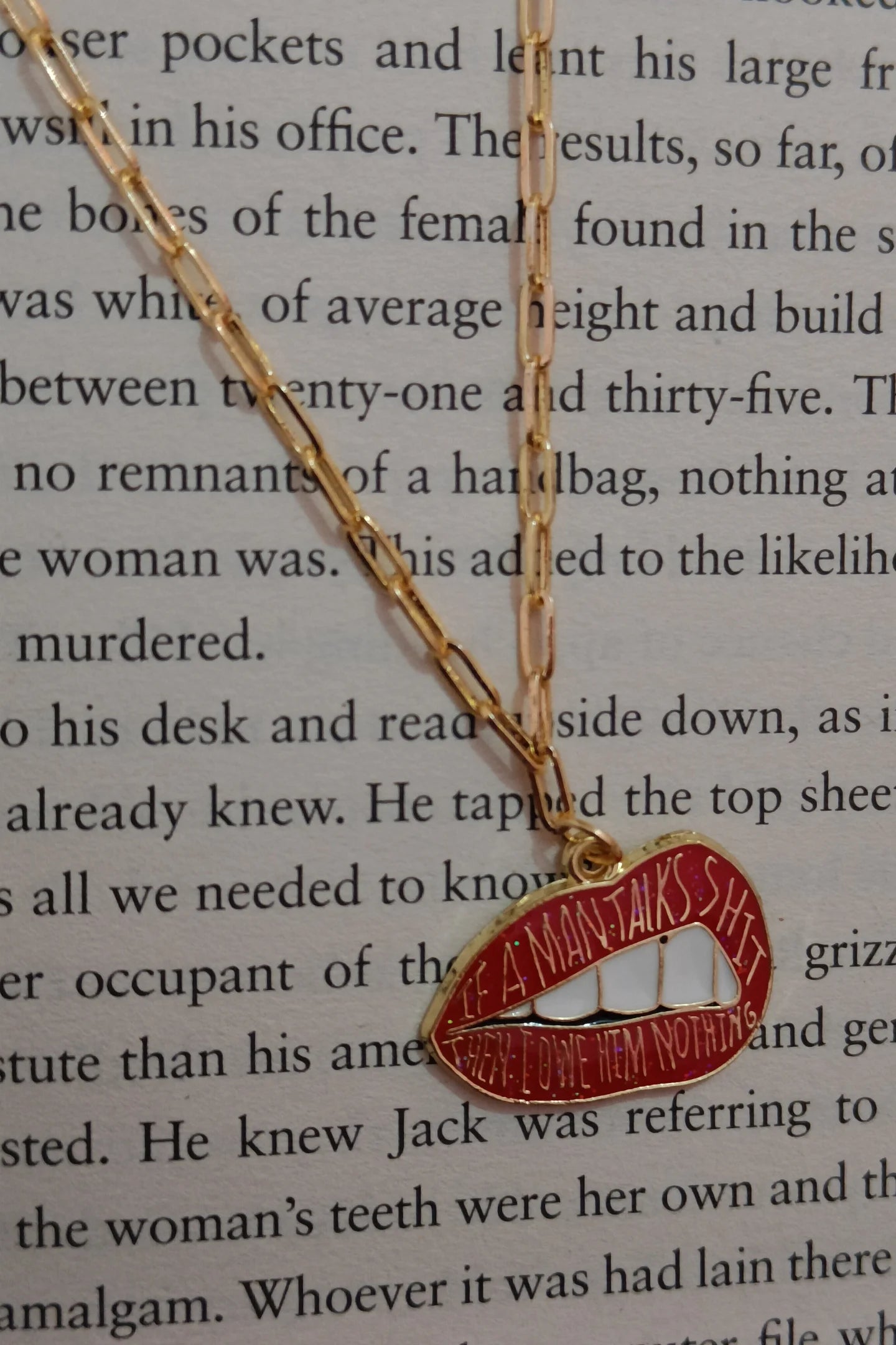 Second image of an anti tarnish gold chain necklace featuring the Taylor Swift phrase "You Owe Him Nothing." Perfect for all Swifties.