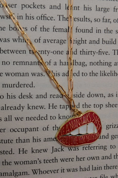 Second image of an anti tarnish gold chain necklace featuring the Taylor Swift phrase "You Owe Him Nothing." Perfect for all Swifties.