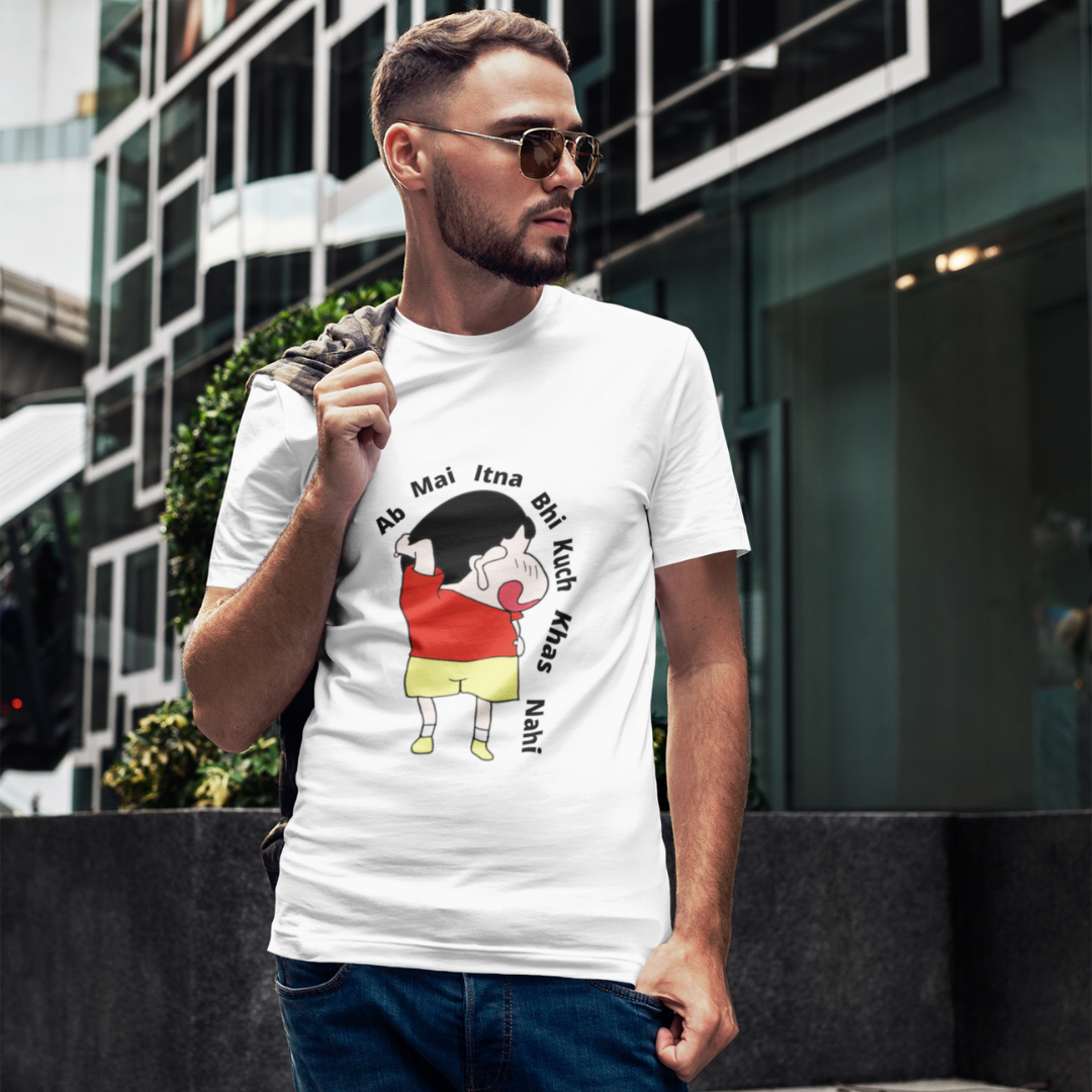 Front view of male model wearing an off-white t-shirt featuring a funny Shinchan design inspired by the popular Crayon Shinchan anime. Ideal for fans of the show and anyone who loves a good laugh. 