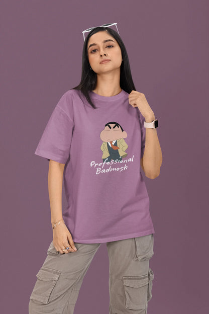 First front view of a female model wearing a dirty purple oversized t-shirt featuring Shinchan wearing a suit and trench coat with text saying "Professional Badmosh".
