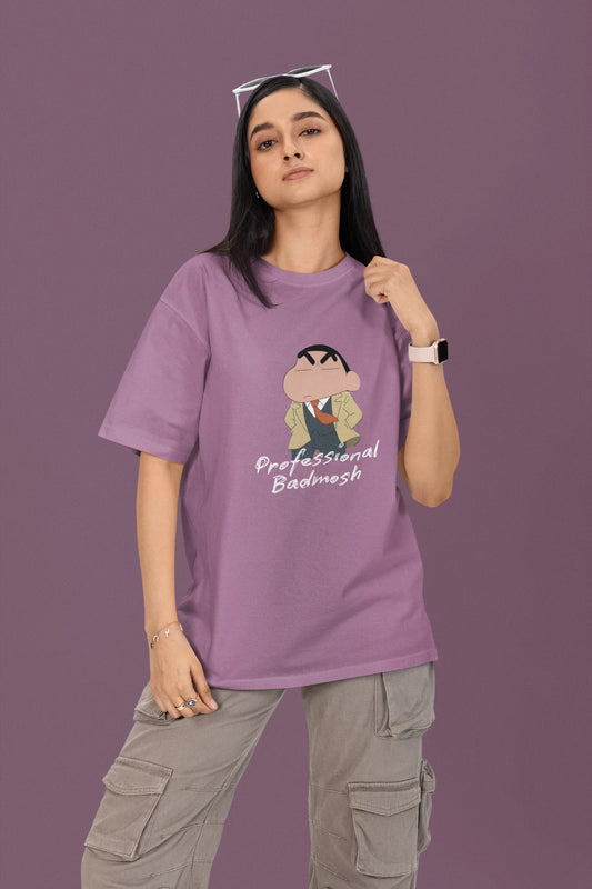 First front view of a female model wearing a dirty purple oversized t-shirt featuring Shinchan wearing a suit and trench coat with text saying "Professional Badmosh".