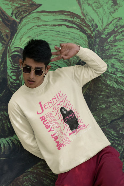Second front view of male model wearing a cream sweatshirt featuring a stylish design inspired by Blackpink member Jennie. Ideal for fans of Jennie, Blackpink, and K-Pop music enthusiasts interested in idol fashion.