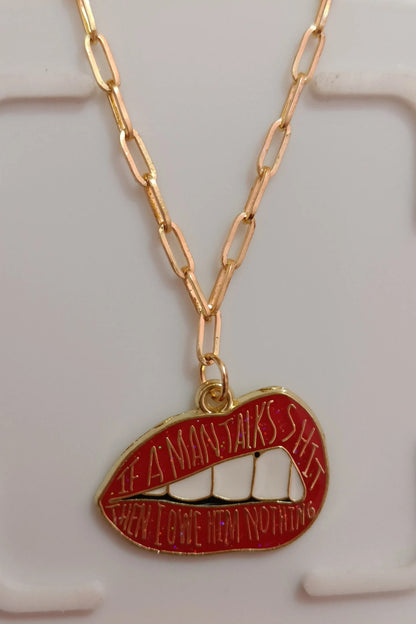 Fourth image of an anti tarnish gold chain necklace featuring the Taylor Swift phrase "You Owe Him Nothing." Perfect for all Swifties.