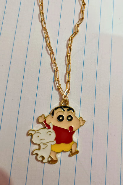 2nd front view of a gold chain necklace with a small pendant depicting Shin Chan saying "Hey."