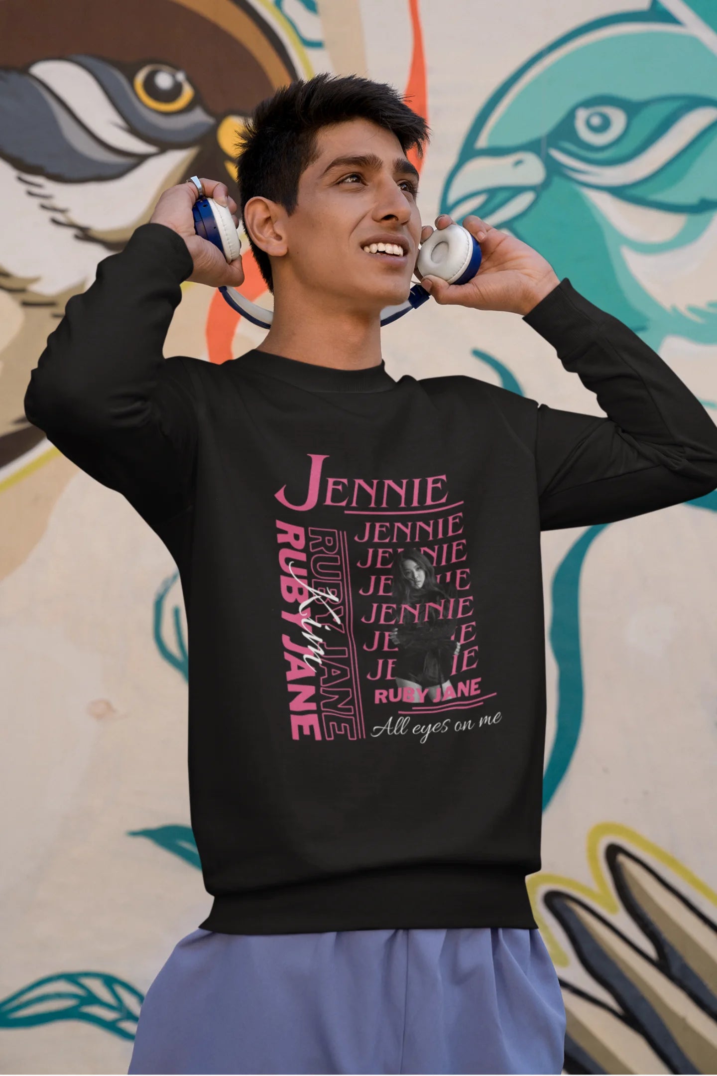First front view of male model wearing a black sweatshirt featuring a stylish design inspired by Blackpink member Jennie. Ideal for fans of Jennie, Blackpink, and K-Pop music enthusiasts interested in idol fashion.