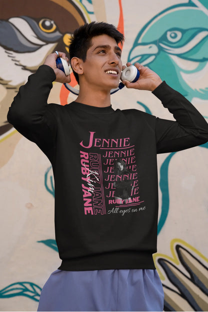 First front view of male model wearing a black sweatshirt featuring a stylish design inspired by Blackpink member Jennie. Ideal for fans of Jennie, Blackpink, and K-Pop music enthusiasts interested in idol fashion.