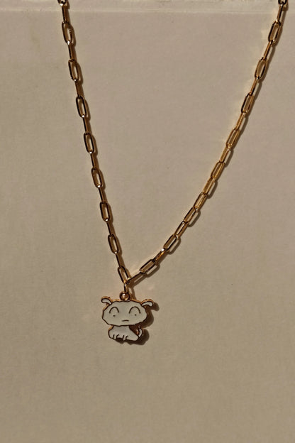 3rd view of a gold chain necklace with a small pendant depicting Shero from the anime Shin Chan.