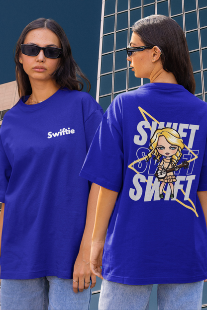 Combo front and back of female model flaunting Taylor Swift-themed blue oversized tee, epitomizing rockstar chic with nods to Taylor's Version and Eras Tour.