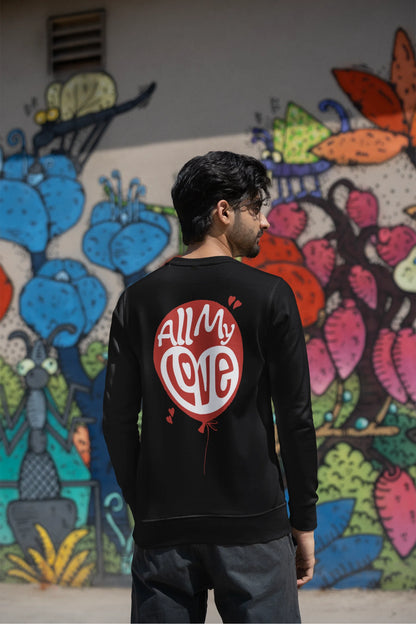 Back view of a male model wearing a black sweatshirt with a heart design and the text "All My Love".