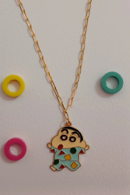 Third view of an anti tarnish gold chain necklace featuring Shinchan, the mischievous boy from the popular anime series.