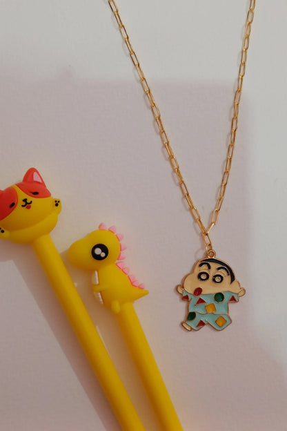 First view of an anti tarnish gold chain necklace featuring Shinchan, the mischievous boy from the popular anime series.