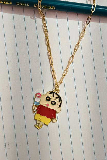 2nd view of a gold chain necklace with a small pendant depicting Shin Chan eating ice cream.