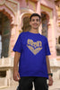 Second front view of male model wearing a royal blue oversized t-shirt featuring the 