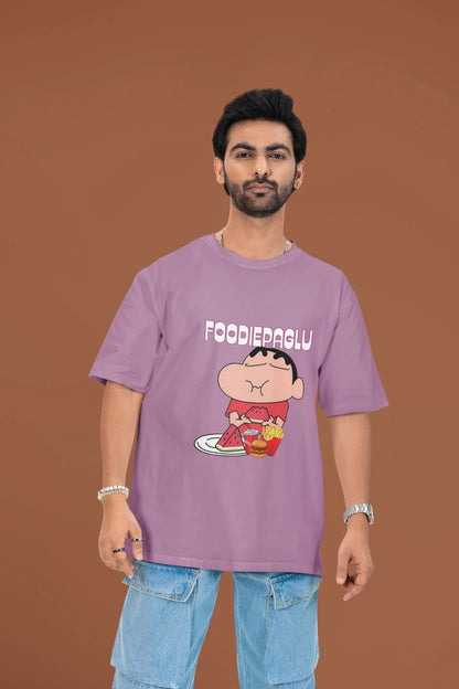 2nd front of a male view model wearing  a dirty purple oversized t-shirt featuring Shinchan eating a big meal showing his foodie side.