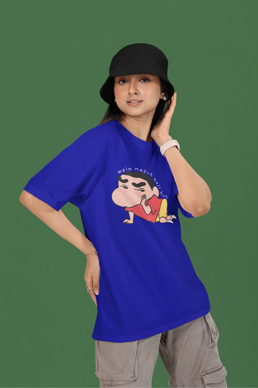 2nd front view of a female model wearing a royal blue oversized t-shirt featuring Shinchan saying "Mein Nazuk Kali Hun."