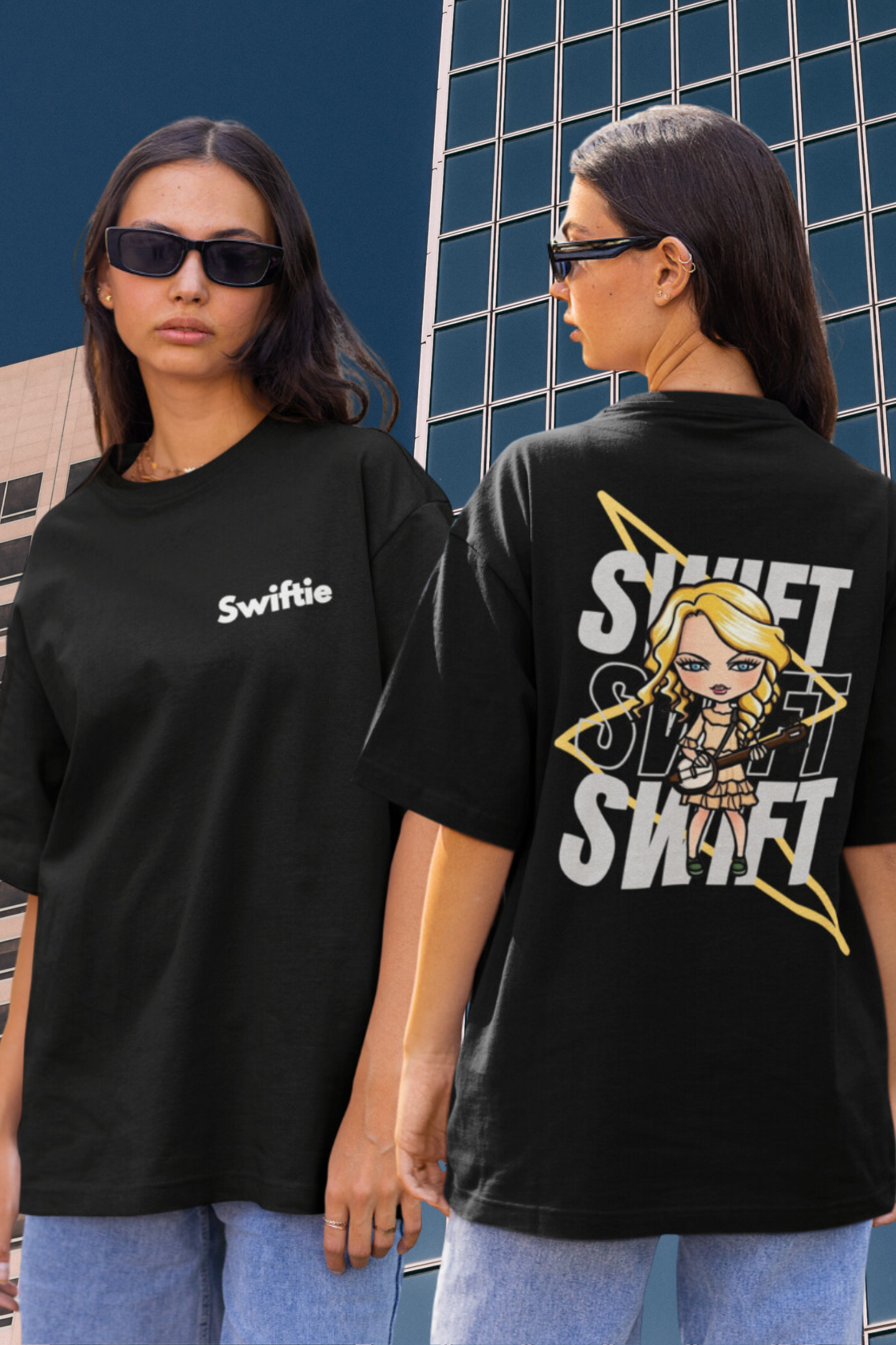 Combo front and back of female model flaunting Taylor Swift-themed black oversized tee, epitomizing rockstar chic with nods to Taylor's Version and Eras Tour.